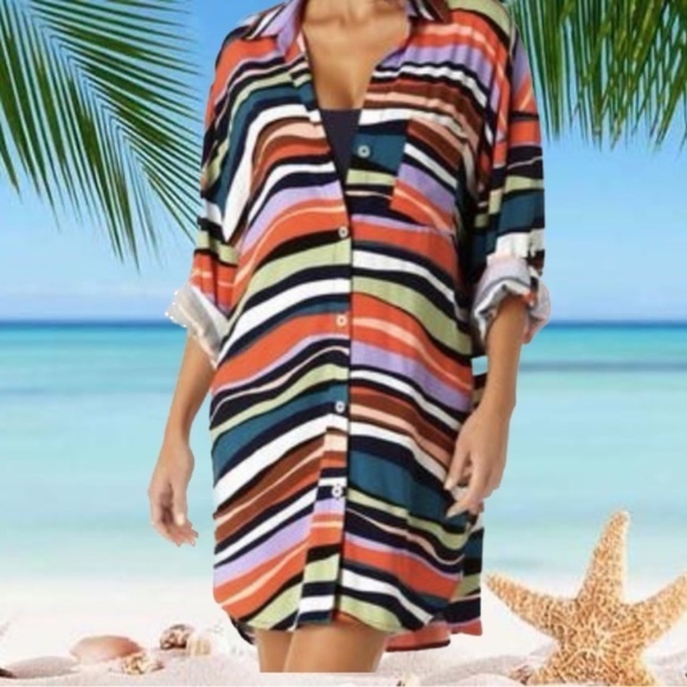 Anne Cole Striped Button-Front Roll-Tab-Sleeve Cover-up